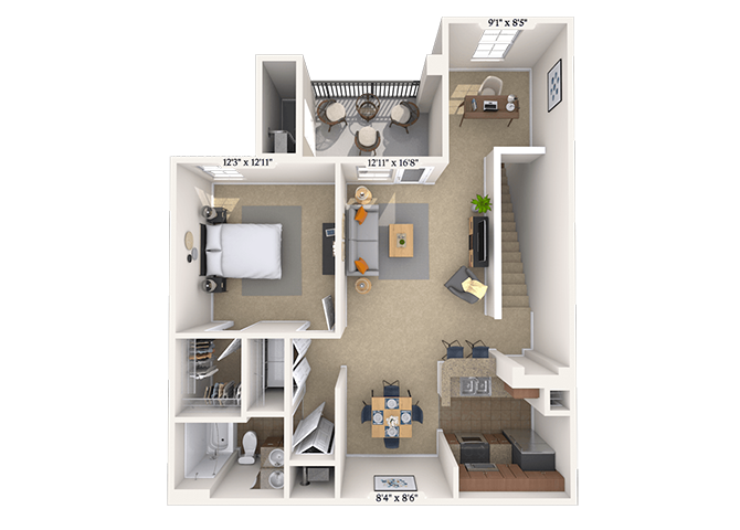 Floor plan for 1 bed, 1 bath, 909 sqft