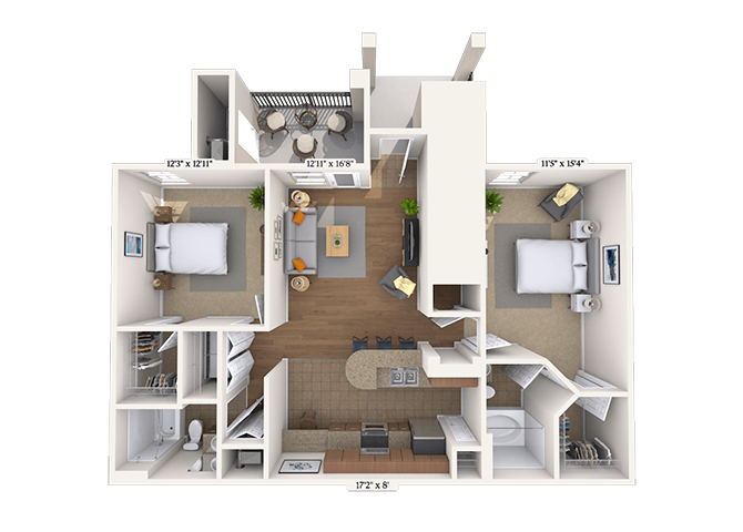 Floor plan for 2 beds, 2 baths, 1061 sqft