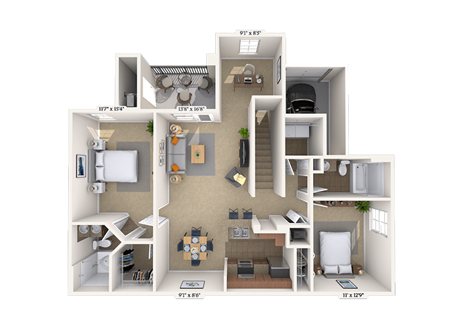 Floor plan for 2 beds, 2 baths, 1234 sqft
