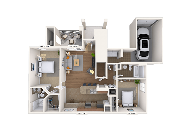 Floor plan for 2 beds, 2 baths, 1083 sqft