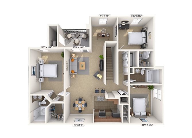 Floor plan for 3 beds, 2 baths, 1410 sqft