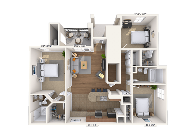 Floor plan for 3 beds, 2 baths, 1265 sqft