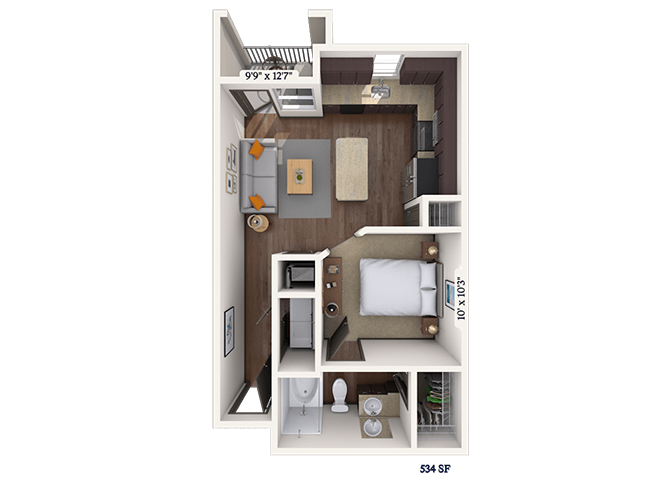 Floor plan for studio, 1 bath, 534 sqft
