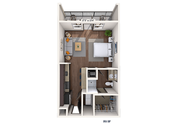 Floor plan for studio, 1 bath, 501 sqft
