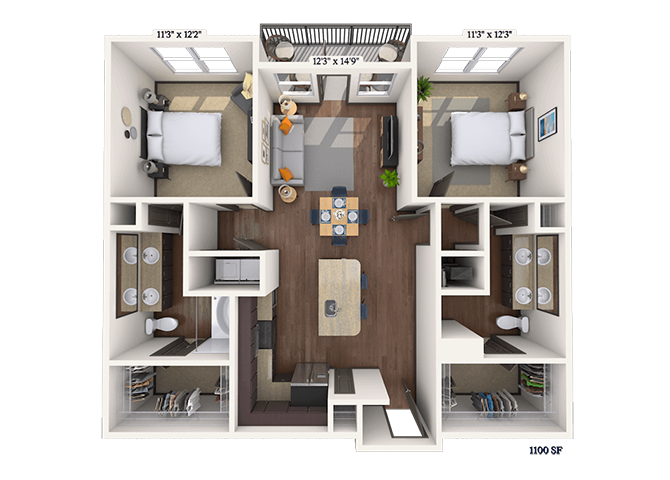Floor plan for 2 beds, 2 baths, 1100 sqft