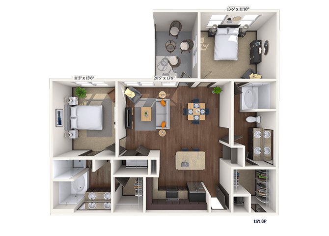 Floor plan for 2 beds, 2 baths, 1171 sqft