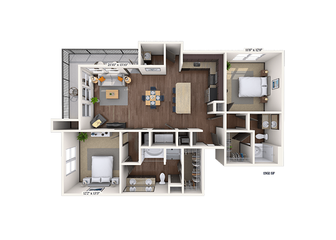 Floor plan for 2 beds, 2 baths, 1302 sqft
