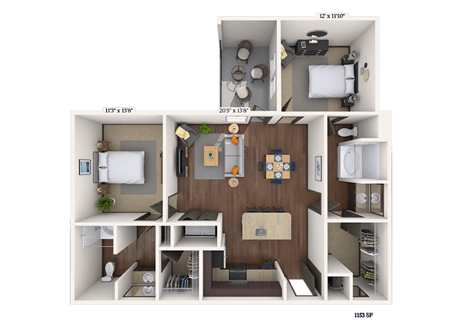 Floor plan for 2 beds, 2 baths, 1153 sqft