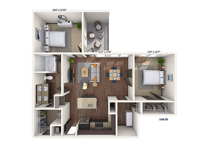 Floor plan for 2 beds, 1 bath, 1106 sqft