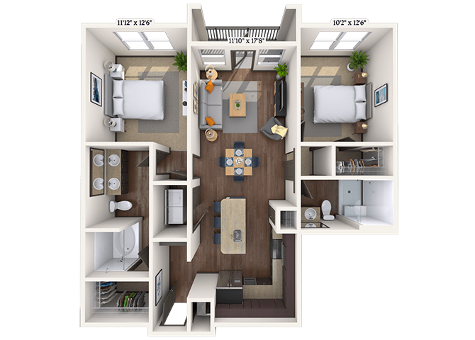 Floor plan for 2 beds, 2 baths, 1014 sqft