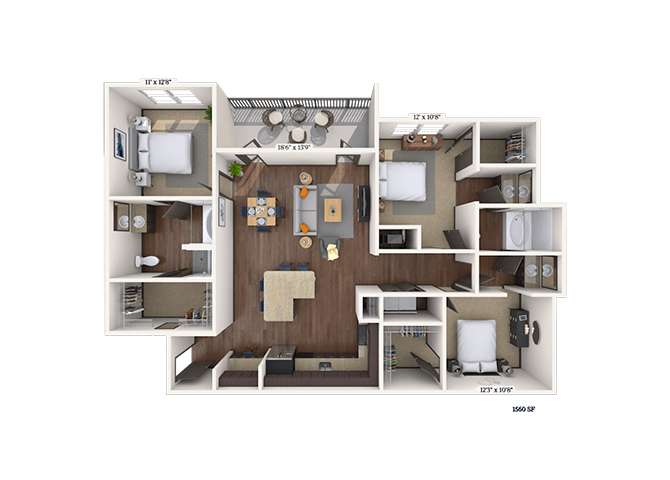 Floor plan for 3 beds, 2 baths, 1560 sqft
