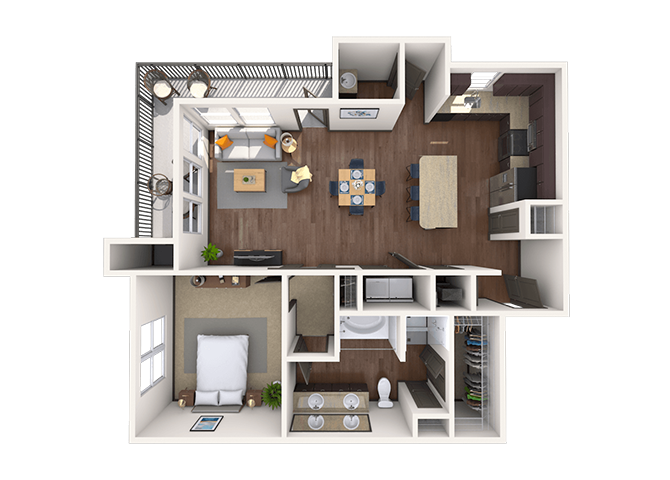 Floor plan for 1 bed, 1.5 baths, 994 sqft