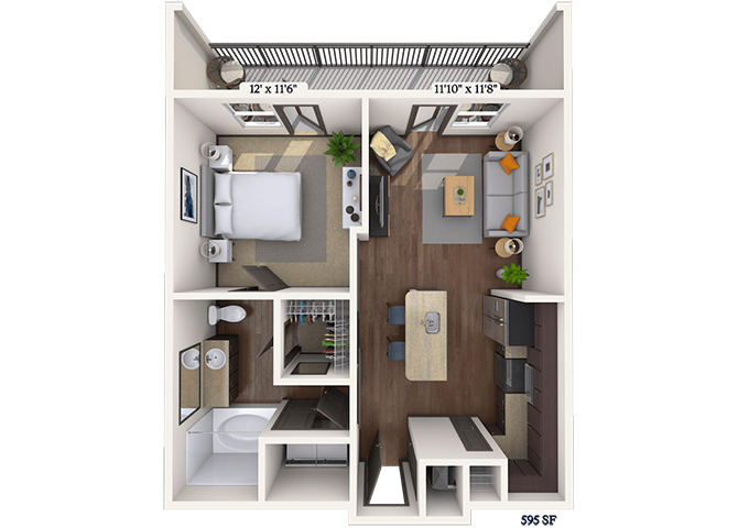 Floor plan for 1 bed, 1 bath, 595 sqft
