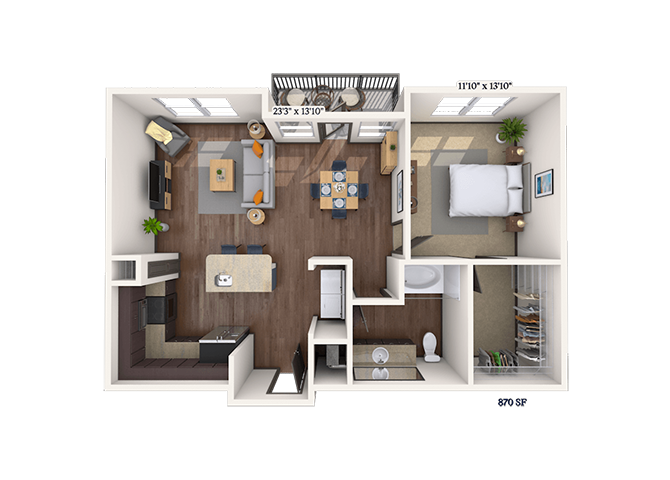 Floor plan for 1 bed, 1 bath, 816 sqft