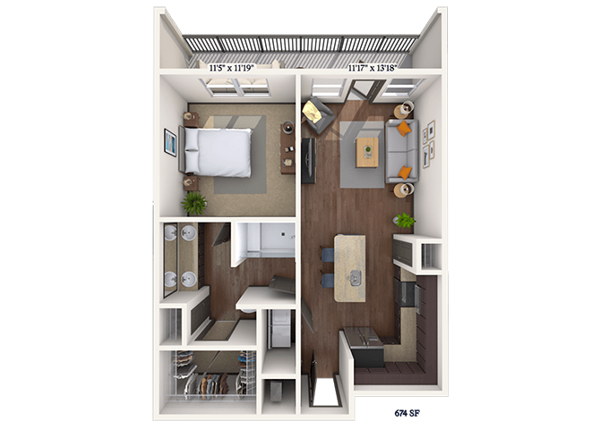Floor plan for 1 bed, 1 bath, 674 sqft