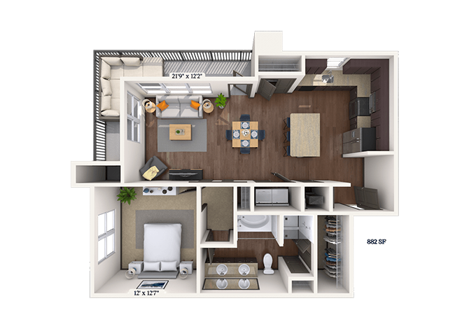 Floor plan for 1 bed, 1 bath, 882 sqft