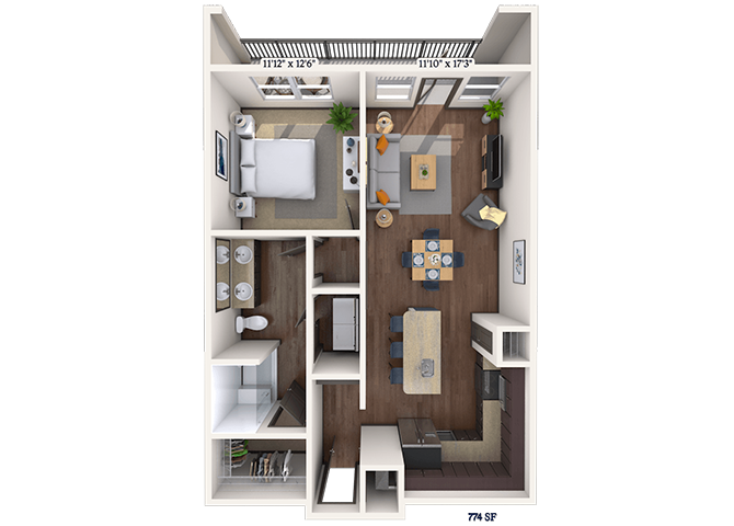 Floor plan for 1 bed, 1 bath, 774 sqft