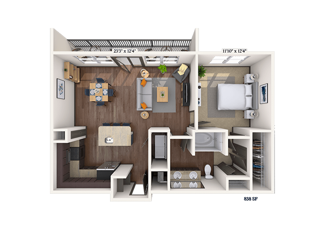 Floor plan for 1 bed, 1 bath, 838 sqft