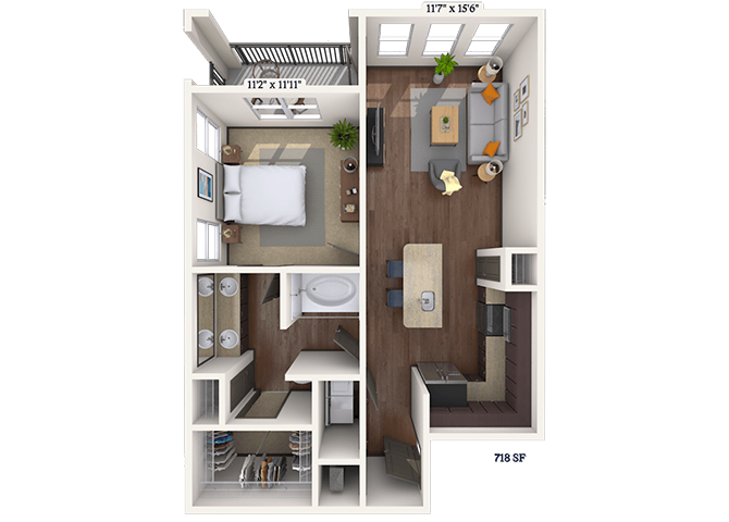 Floor plan for 1 bed, 1 bath, 718 sqft