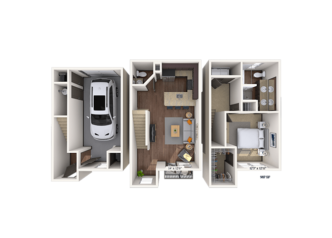Floor plan for 1 bed, 1.5 baths, 987 sqft