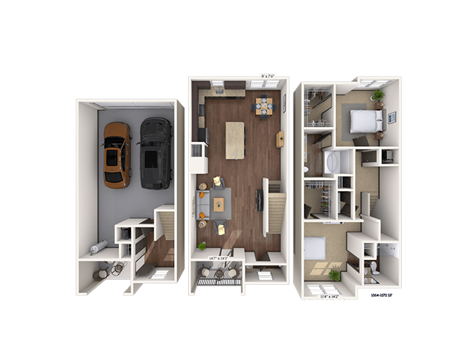 Floor plan for 2 beds, 2.5 baths, 1618 sqft