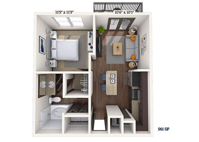Floor plan for 1 bed, 1 bath, 573 sqft