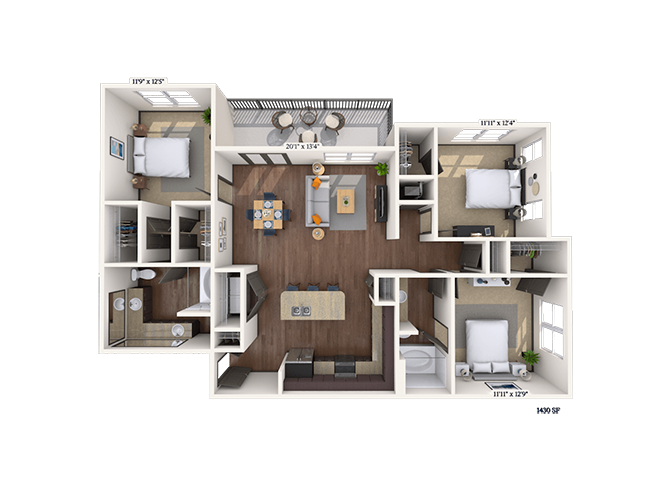 Floor plan for 3 beds, 2 baths, 1480 sqft