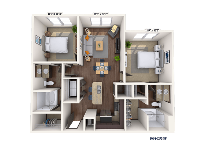 Floor plan for 2 beds, 2 baths, 1068 sqft