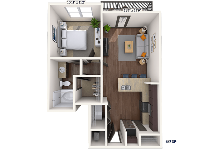 Floor plan for 1 bed, 1 bath, 647 sqft
