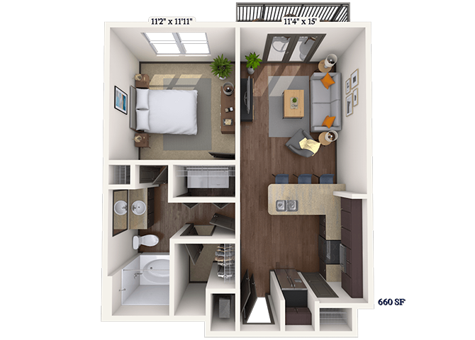 Floor plan for 1 bed, 1 bath, 660 sqft