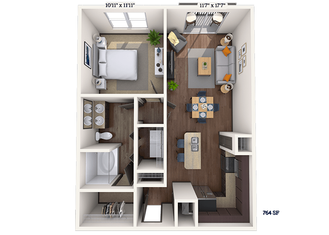 Floor plan for 1 bed, 1 bath, 764 sqft