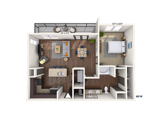 Floor plan for 1 bed, 1 bath, 827 sqft
