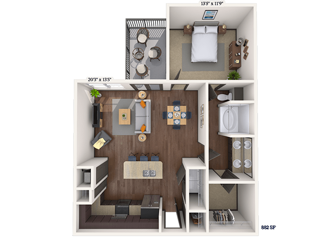 Floor plan for 1 bed, 1 bath, 882 sqft