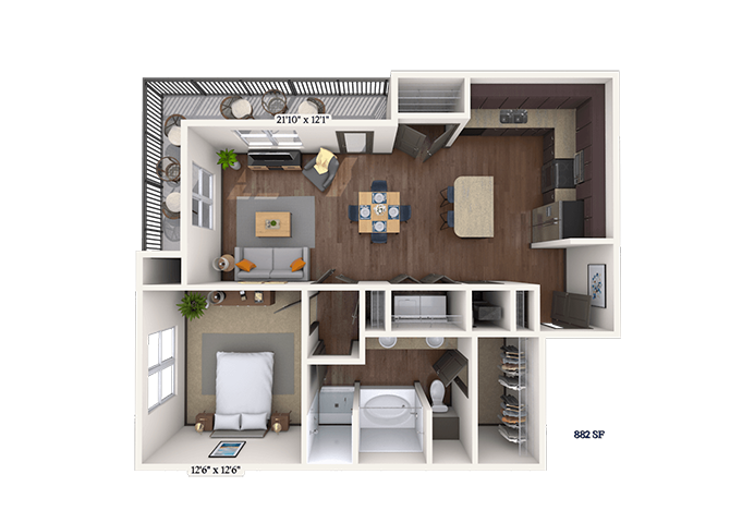 Floor plan for 1 bed, 1 bath, 882 sqft