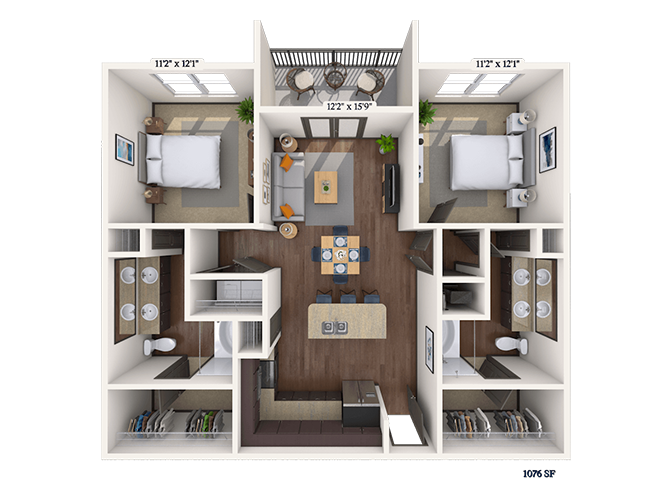 Floor plan for 2 beds, 2 baths, 1076 sqft