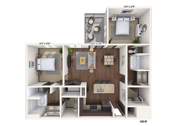 Floor plan for 2 beds, 2 baths, 1152 sqft