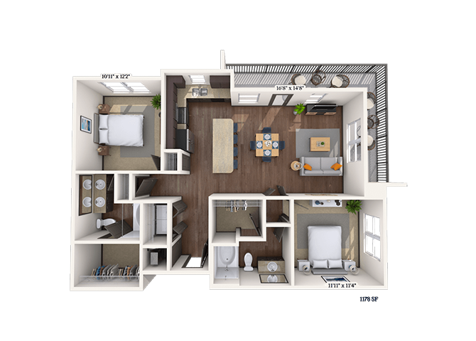 Floor plan for 2 beds, 2 baths, 1178 sqft