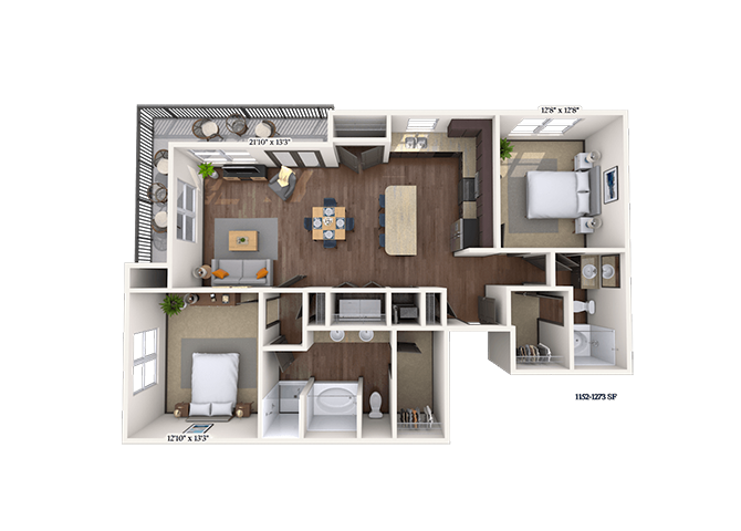 Floor plan for 2 beds, 2 baths, 1152 sqft