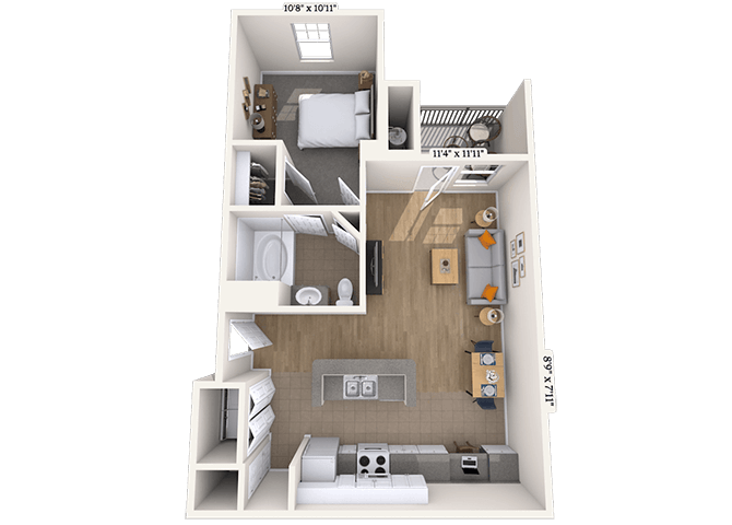 Floor plan for 1 bed, 1 bath, 719 sqft