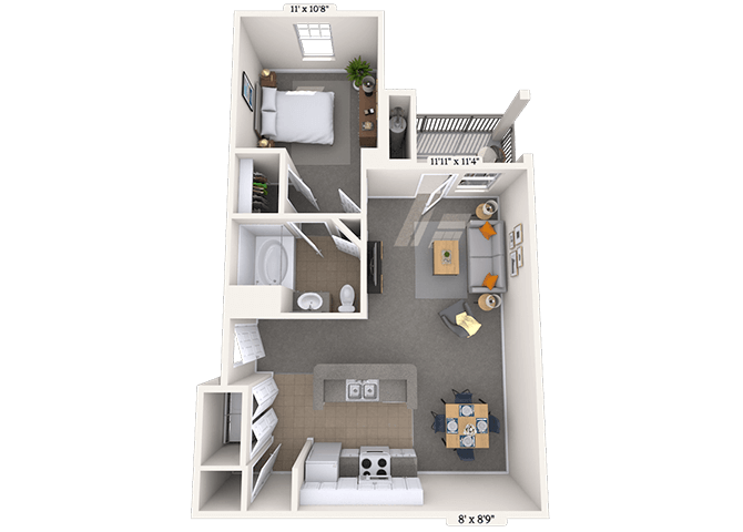 Floor plan for 1 bed, 1 bath, 719 sqft