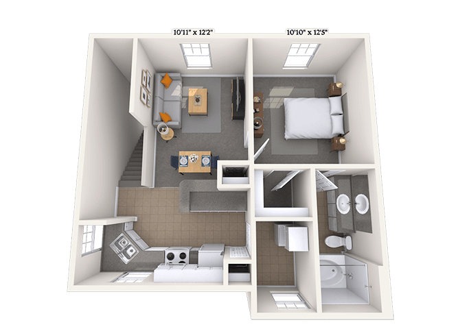Floor plan for 1 bed, 1 bath, 735 sqft