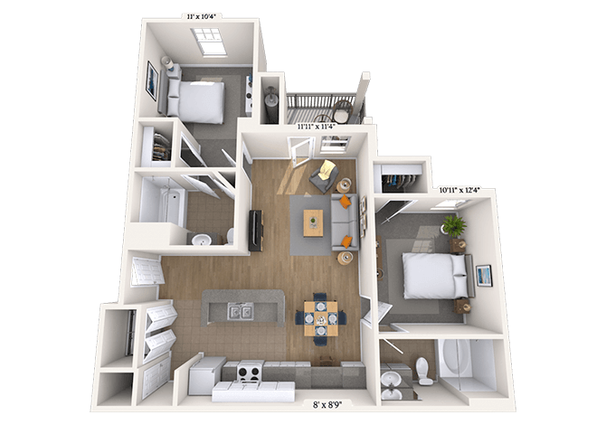 Floor plan for 2 beds, 2 baths, 959 sqft