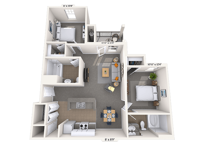 Floor plan for 2 beds, 2 baths, 959 sqft