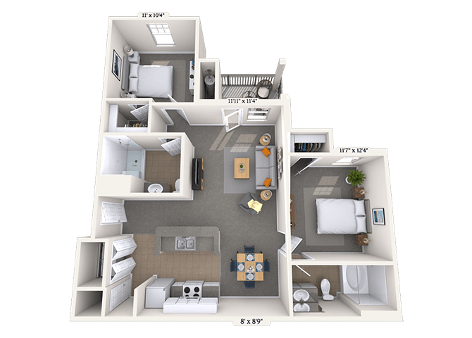 Floor plan for 2 beds, 2 baths, 970 sqft