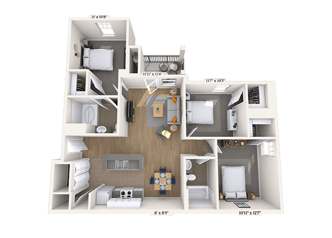 Floor plan for 3 beds, 2 baths, 1129 sqft