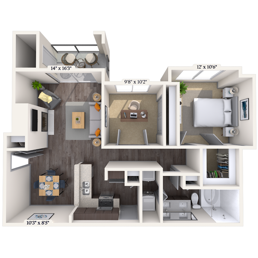 Floor plan for 1 bed, 1 bath, 956 sqft