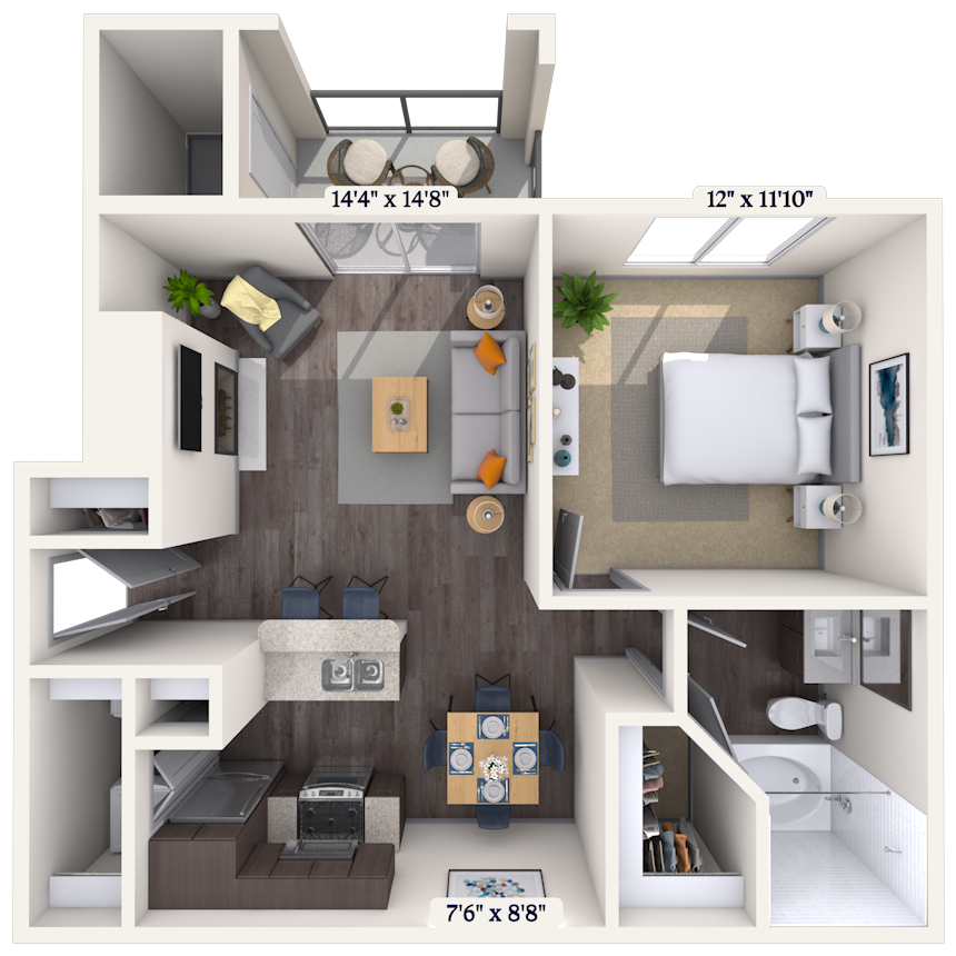 Floor plan for 1 bed, 1 bath, 692 sqft