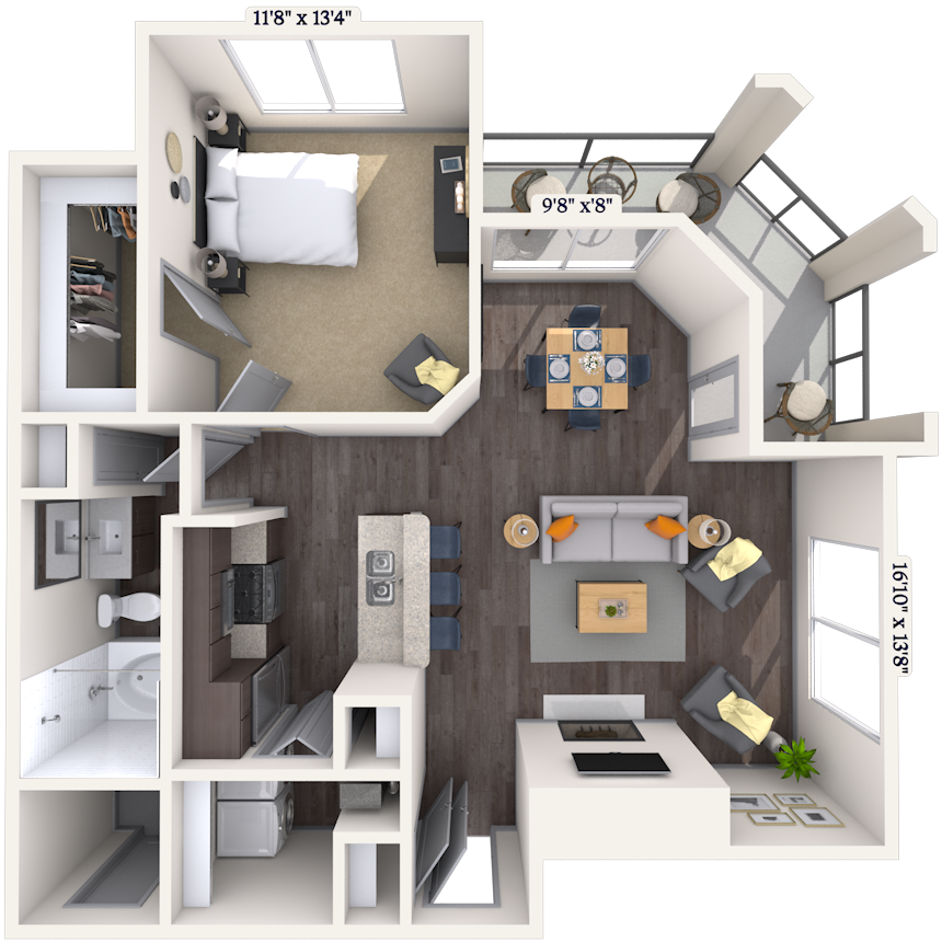 Floor plan for 1 bed, 1 bath, 779 sqft