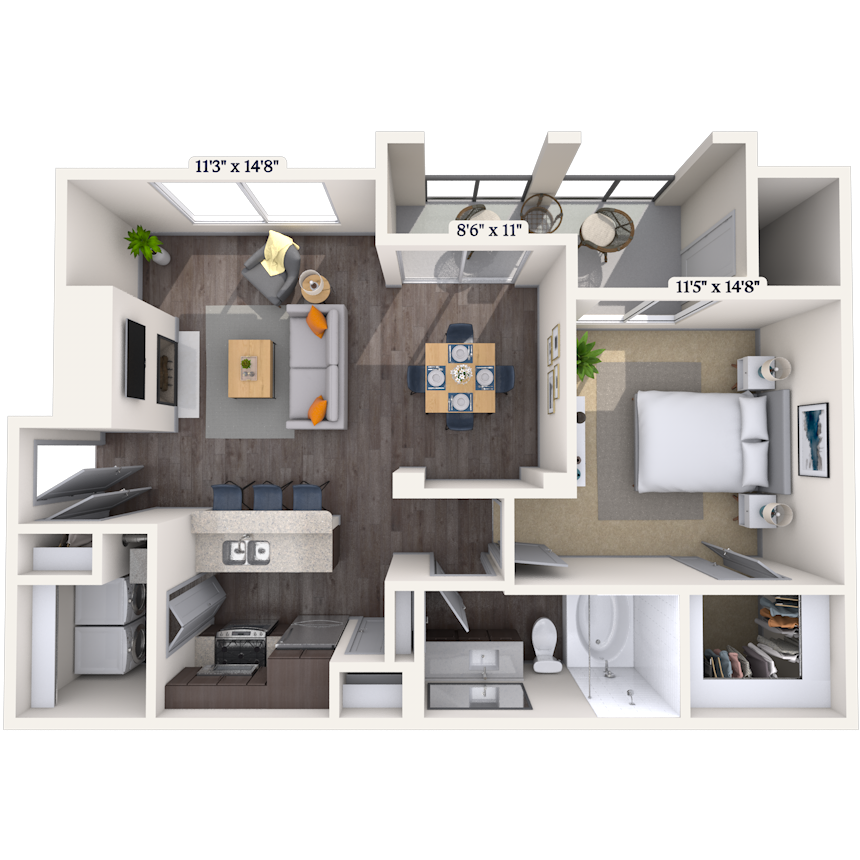 Floor plan for 1 bed, 1 bath, 793 sqft