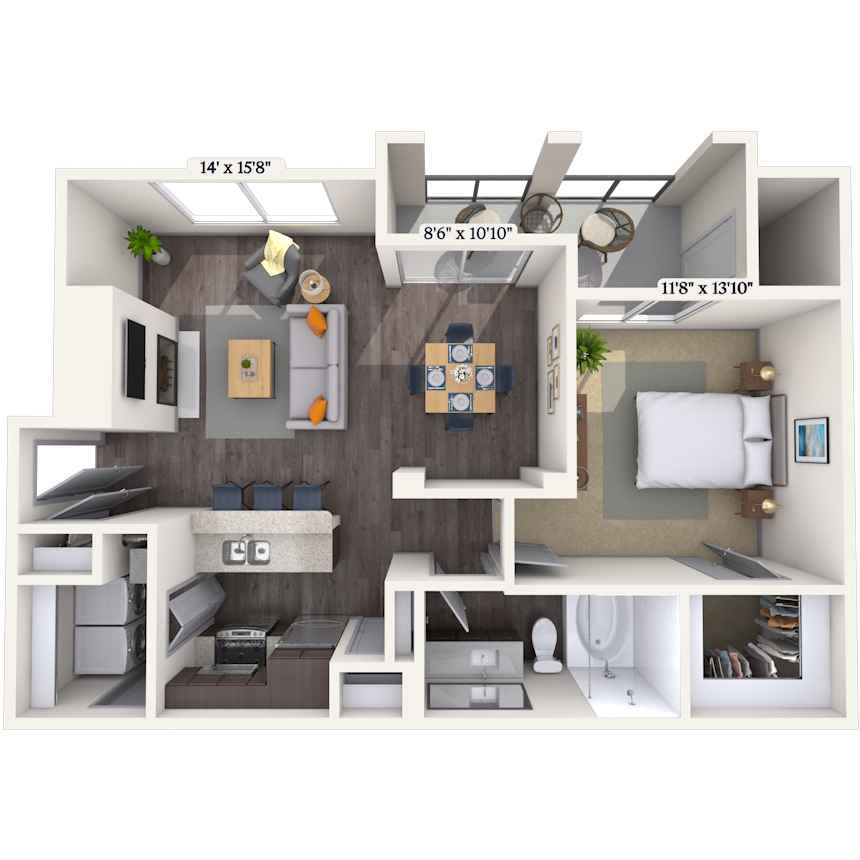 Floor plan for 1 bed, 1 bath, 793 sqft
